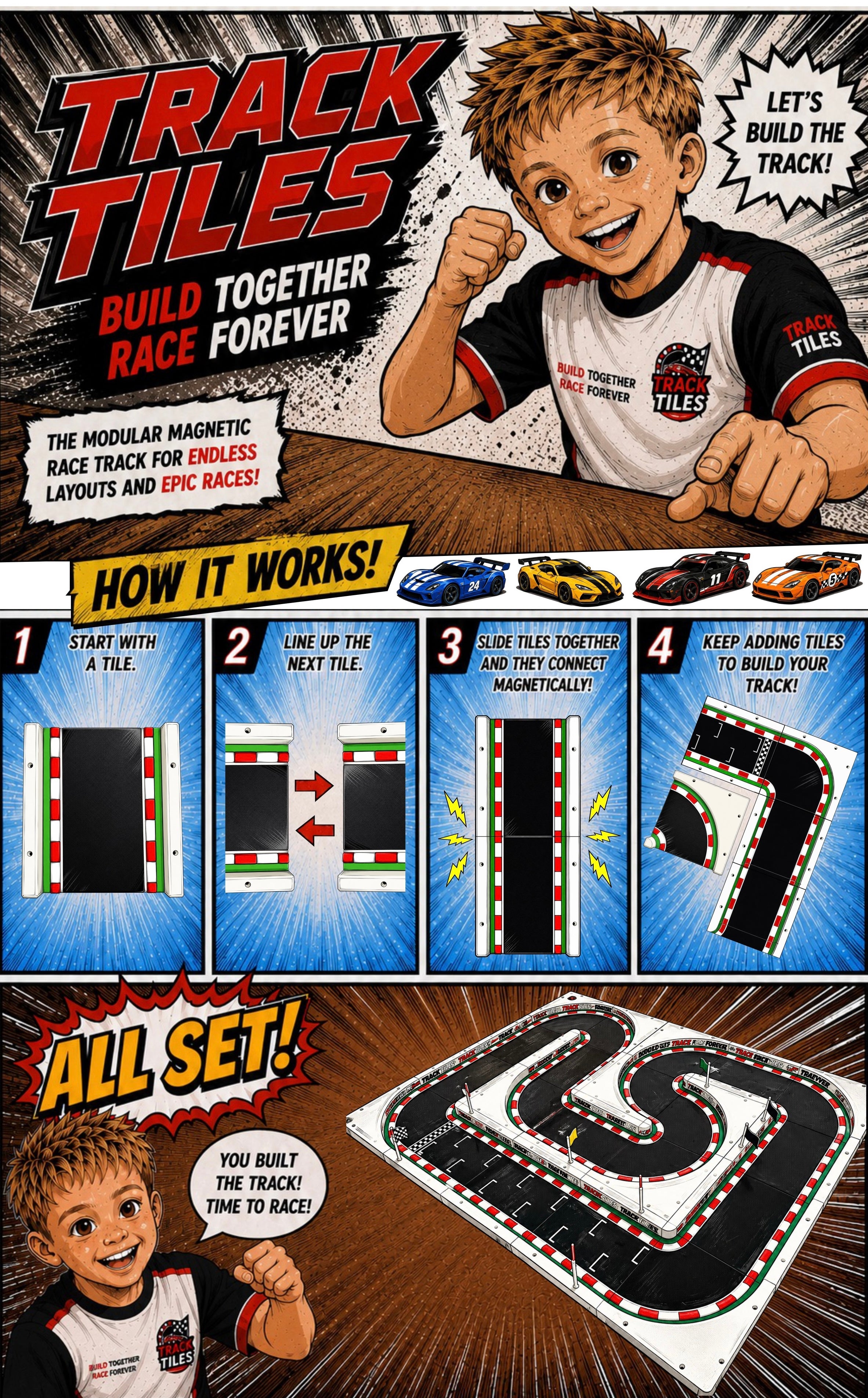 Track Tiles racing track set in a comic-style product package illustration. The design shows a child boy smiling and pointing, large 'TRACK TILES' branding, step-by-step 'How It Works' panels, and a completed winding race track on a wood-textured background.