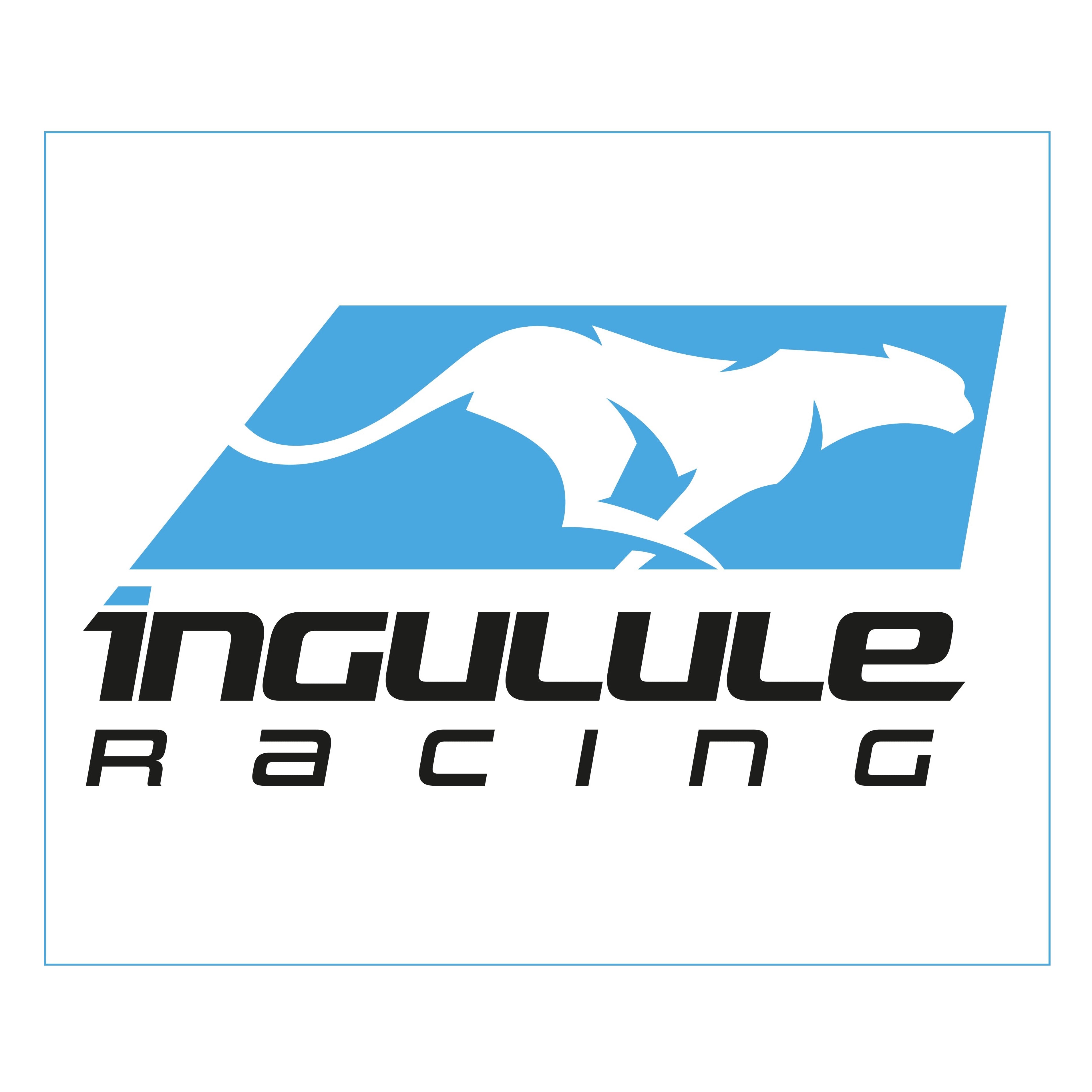Ingulule Racing logo featuring a white cheetah silhouette inside a blue parallelogram, with the brand name 'INGULULE RACING' in black below, centered on a white background with a thin blue border.